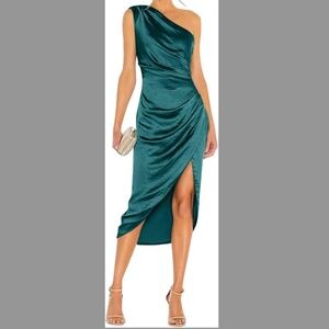 NWT Dress Forum dark green ruched one shoulder midi cocktail dress, size S